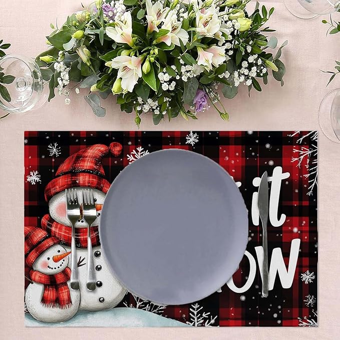 Christmas Snowman Placemats Set of 4 Let It Snow Table Mats Linen Place Mats for Dining Kitchen Country Camp Farmhouse Decor 12x18 Inch