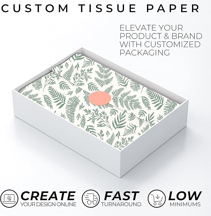 COACO Personalized Tissue Paper, Your Custom Design, Logo, or Text, Great for Holiday or Special Occasion, Small Business Packaging or Gift Wrapping, 30, 50, or 100 Count, White (18"x15")