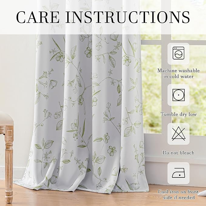 ChrisDowa 100% Blackout Floral Curtains 108 Inches Long 2 Panels for Bedroom Living Room Sage Green Flower Patterned Room Darkening Thermal Insulated Soundproof Grommet Window Treatments Drapes,52X108