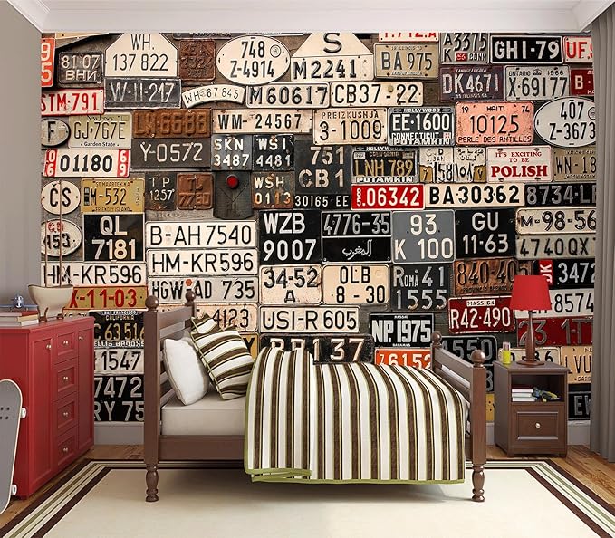 Eierme-Old License Plates from Around The World Mural Wallpaper Peel and Stick 90" x 67"