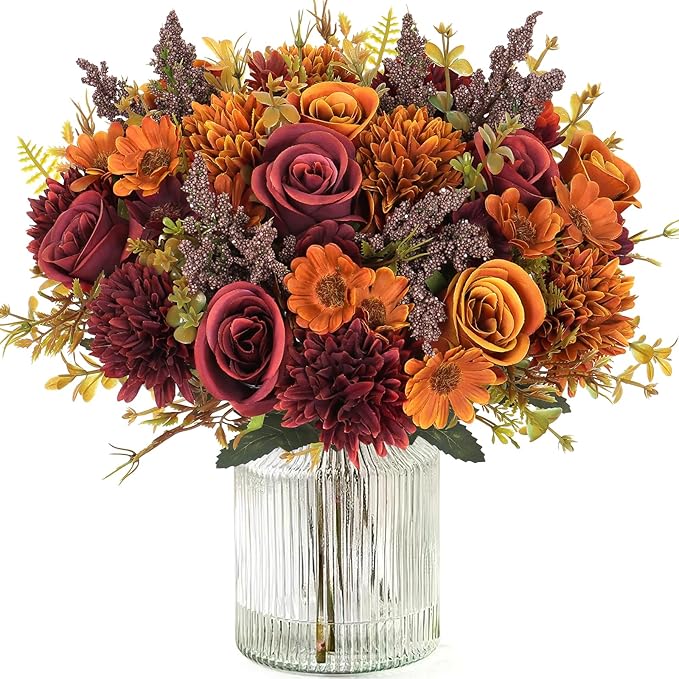 Dremisland Artificial Fall Flowers Like Real Artificial Bouquet 4 Packs Silk Artificial Roses Bouquet with Daisy Chrysanthemum Orange Red Fall Flowers for Centerpiece Table Autumn Halloween Decor