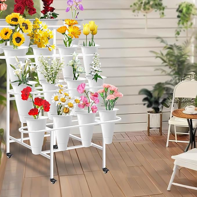 Flower Display Stand with 16PCS Buckets, 4 Layers Flower Cart Display Stand with Wheels Heavy Duty Metal Flower Bar Stand - White