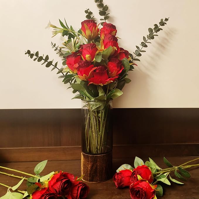 Artificial Roses 10 Pcs - Lifelike Single Stem Fake Roses with Natural Petal Texture,Fade-Resistant Silk Flowers for Wedding Decor,Home Vase Arrangements,Party Centerpieces(10, Red)