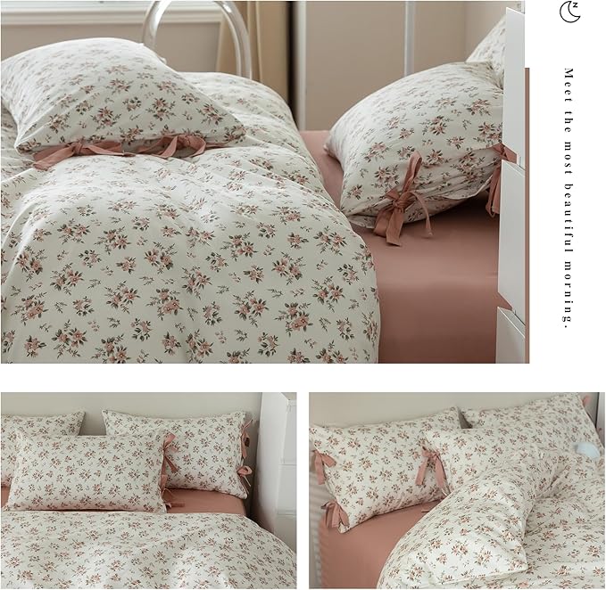 Pink Floral Duvet Cover Set Queen Vintage Style Cozy Cotton Soft Comforter Cover Queen 3 Piece for Girl Teen,Room Decor Boho Flowers Bedding Duvet Cover with 2 Pillowcases with Bow Ties