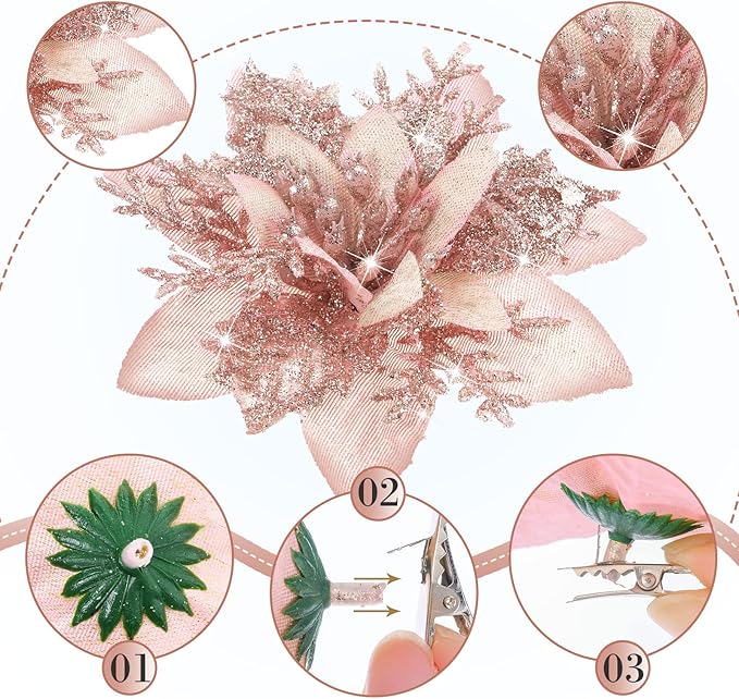 Geosar 24 Christmas Glitter Artificial Poinsettia Flowers Xmas Poinsettia Artificial Wedding Flowers Decorations Xmas Tree Ornaments with Clips for Party Favors, 6 Inch, 4 Inch, 3 Inch (Rose Gold)