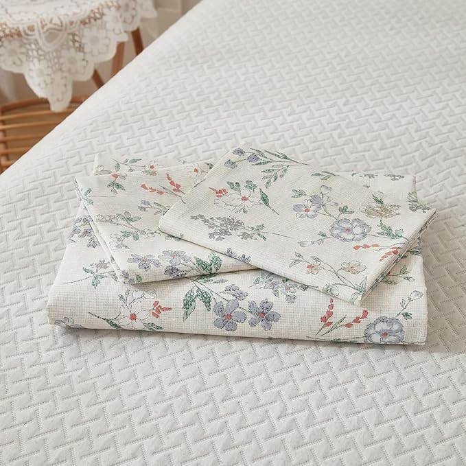 EAVD Chic Garden Floral Duvet Cover Full Beige Soft 100% Cotton Cute Colorful Floral Aesthetic Bedding Set with 2 Pillowcases Fresh Reversible Botanical Duvet Cover with Zipper Closure