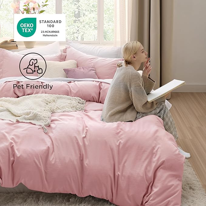 Bedsure Pink Duvet Cover King Size - 3 Pieces Prewashed Cotton-Like Extra Soft Bedding Set, Includes 1 Duvet Cover 104x90 Inches with Zipper Closure & 2 Pillow Shams, Comforter Not Included