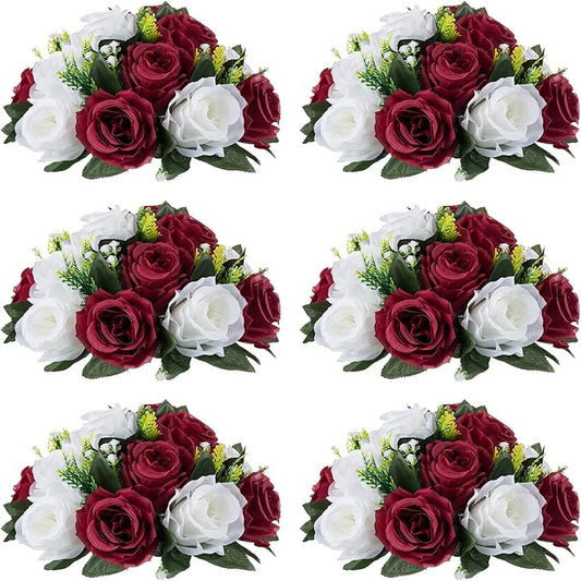 NUPTIO Flower Wedding Centrepieces for Tables - 6 Pcs 9.5in Diameter Burgundy & White Artificial Flowers Rose Ball for Centerpieces Table - Fake Rose Arrangements for Weddings Birthday Party Decor