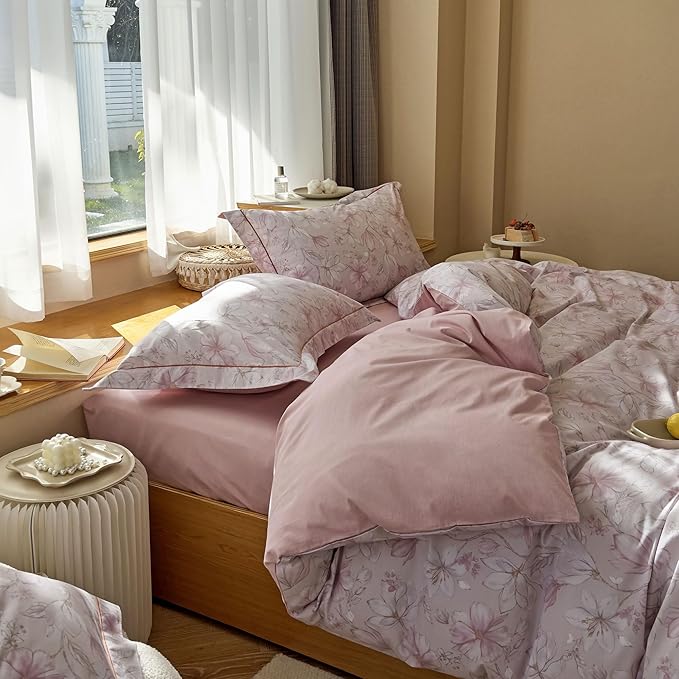 AOJIM Pink Kids Adults Duvet Cover Set with Gardenia Patterns, Soft Comfy 100% Cotton Comforter Cover Set 3pcs, 1 AB Sided Quilt Cover Full Size and 2 Matching Pillowcases for Room Decor, No Quilt