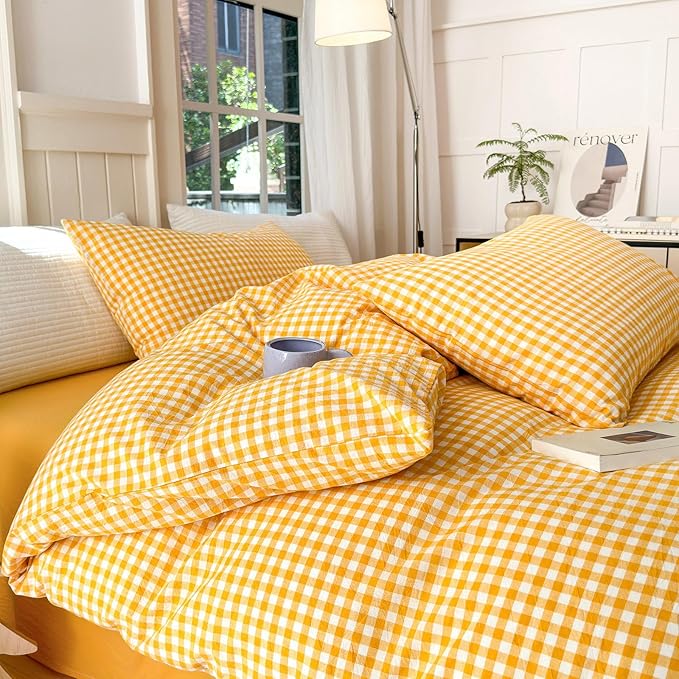 LifeTB Twin XL Comforter Set 3 Pieces Yellow Gingham Comforter Set Geometric Checkered Plaid Printed Bedding Comforter for All Seasons Fluffy Soft Lightweight Gingham Plaid Bedding Set Twin XL
