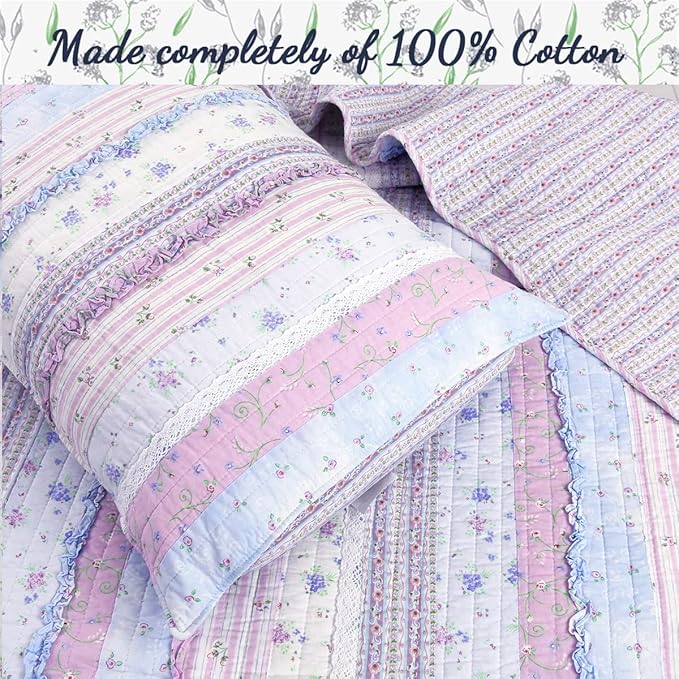 Cozy Line Home Fashions Shabby Chic Romantic Lace Purple Blue Floral Cotton Bedding Quilt Set, Reversible Coverlet, Bedspread (Lavender, Queen-4 Piece: 1 Quilt+2 Shams+1 Decor Pillow)