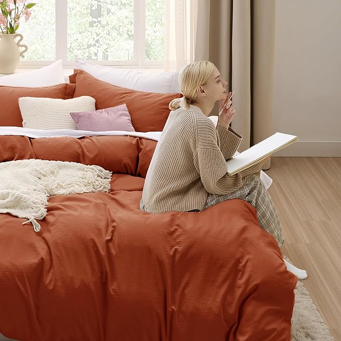 Bedsure Terracotta Duvet Cover King Size - 3 Pieces Prewashed Cotton-Like Extra Soft Bedding Set, Includes 1 Duvet Cover 104x90 Inches with Zipper Closure & 2 Pillow Shams, Comforter Not Included
