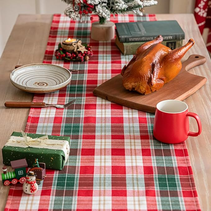Red Gold Plaid Christmas Table Runner, Winter Holiday Table Runners 72 inches Long Xmas Decorations Indoor Outdoor Farmhouse Home Kitchen Dining Party Decor