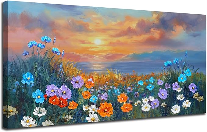 Ardemy Landscape Wall Art for Living Room Extra Large Wildflower Pictures Wall Decor Coastal Sunset Floral Canvas Textured Bedroom Flower Paintings Artwork Home Office, 48"x24"