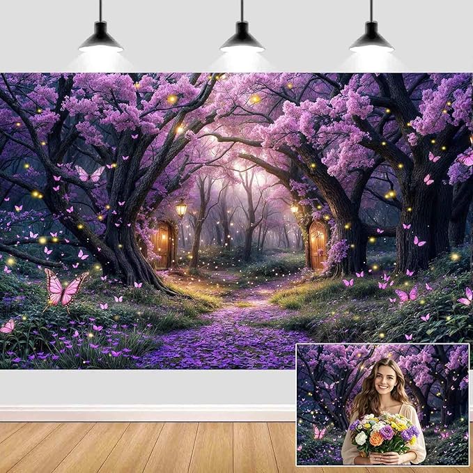 10X8ft Enchanted Forest Backdrop Fairy Tale Purple Wonderland Garden Tree House Floral Butterfly Photography Background for Kids Girl Baby Shower Birthday Party Decoration Banner Booth Props