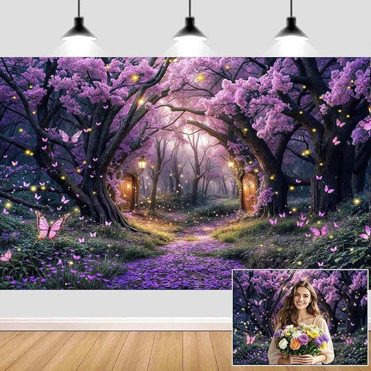 10X8ft Enchanted Forest Backdrop Fairy Tale Purple Wonderland Garden Tree House Floral Butterfly Photography Background for Kids Girl Baby Shower Birthday Party Decoration Banner Booth Props