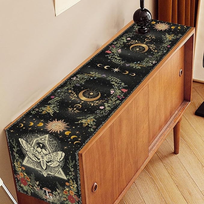 Gothic Moth Table Runner, Boho Gothic Sun Moon Phase Wildflower Mystical Witchy Farmhouse Coffee Table Center Decor for Home Kitchen Dining Patio Holiday Party Table Decorations 13x108 inches
