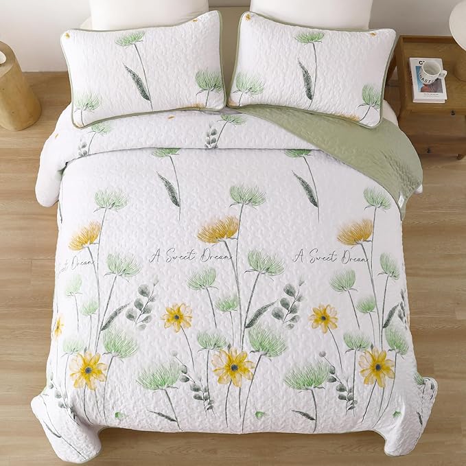 Dinjoy Quilt Set Full Size Yellow Green, Floral Bedspreads 3 Pieces Reversible Quilts Bedding Set Microfiber Lightweight Bedspread Coverlet Farmhouse Set for Women Girls 78"x90"