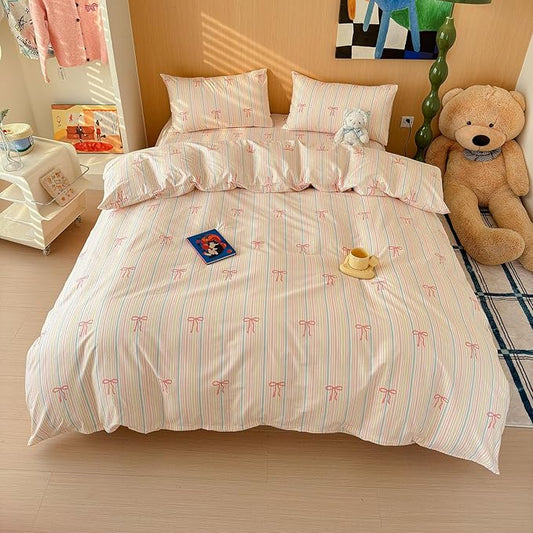 AOJIM Pink Bow Duvet Cover Set 3PCS for Kids Adults, 1 Soft Durable Pure Cotton Comforter Cover Queen Size and 2 Pillowcases, Rainbow Striped Bedding Duvet Cover Set for Room Decor, Machine Washable
