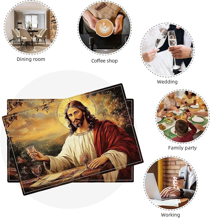 Christian Jesus Placemats Set of 6 Christian Gift Religious Jesus Christ Faith Place Mat Machine Washable Place Mats for Dinner Table Mats 6 PCS