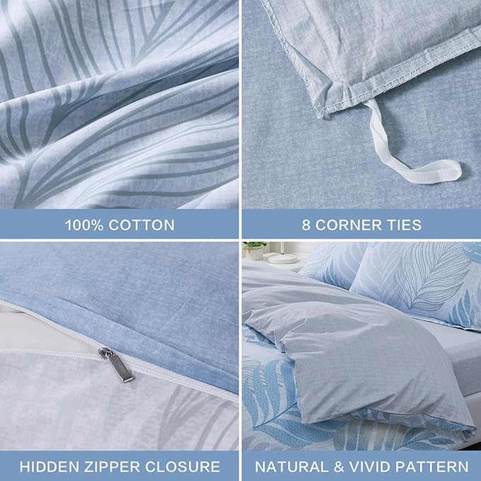 SAPHREAS Cotton Duvet Cover Set King Size 3pcs Ocean Blue Monstera Leaf Tropical Leaves Bedding Comforter Cover Set 1 Duvet Cover 2 Pillow Shams with Zipper