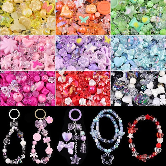 Assorted Acrylic Beads, 390-450PCS 9 Mixed Colors Cute Beads for Bracelet Making, GummyBear Bow Flower Kawaii Charms for Jewelry Making DIY Necklace Keychain Phone Charm Christmas Gift