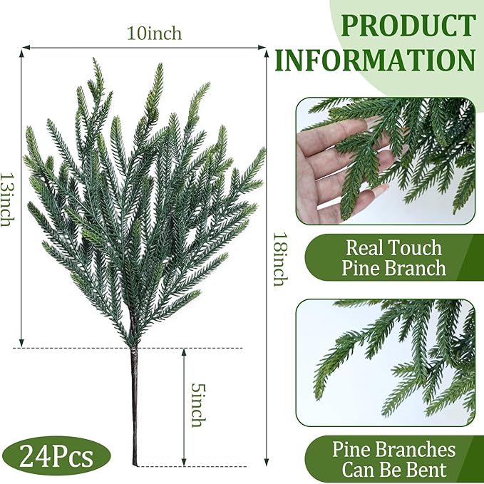 24 Pcs Pine Branches - Real Touch Artificial Pine Stems - Christmas Greenery Picks for DIY Wreaths Garlands Vase Arrangements, Indoor Outdoor Christmas Decor