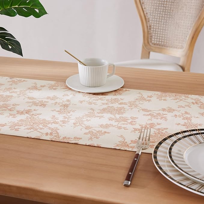 100% Cotton French Pastoral Table Runners, 13x90 Inch Taupe Farmhouse Table Runners 90 Inches Long, Vintage Flowers Print Home Decors