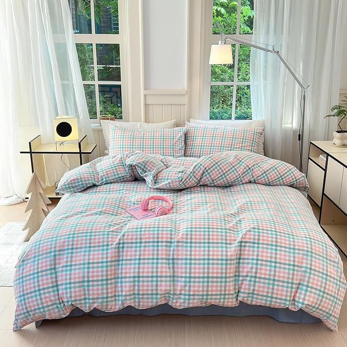 LifeTB Gingham Comforter Set Full Size Colorful Plaid Checkered Pattern Comforter Geometric Grid Plaid Printed Bedding Comforter Set with 2 Pillowcases Luxury Soft Fluffy Gingham Bedding Set Full