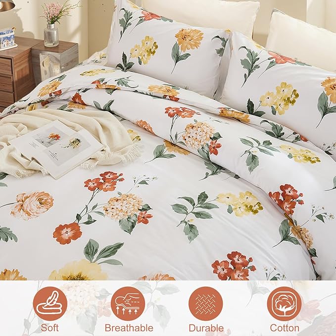 Yellow Floral Comforter Set Cute Botanical Bedding King 100% Cotton Floral Vintage & Country Cottage Bedroom Decor Soft Reversible