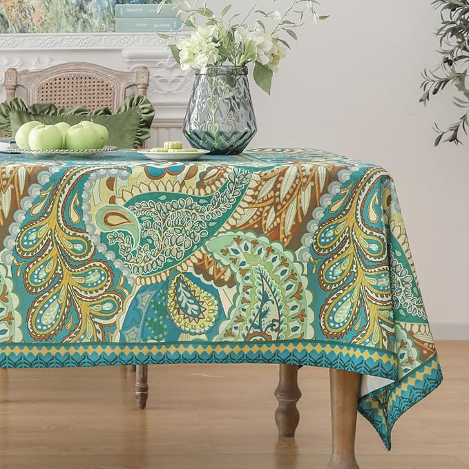 Linen Green Tablecloth,Wrinkle Resistant French Vintage Tablecloth Print with Foral,Decor Square Table Cloth for Thanksgiving,Dining Room,Home,Kitchen 67" × 67"-Milen
