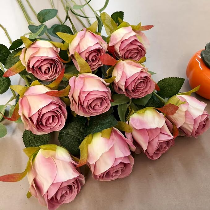 Artificial Roses 10 Pcs - Lifelike Single Stem Fake Roses with Natural Petal Texture,Fade-Resistant Silk Flowers for Wedding Decor,Home Vase Arrangements,Party Centerpieces(10, Pale Purple)