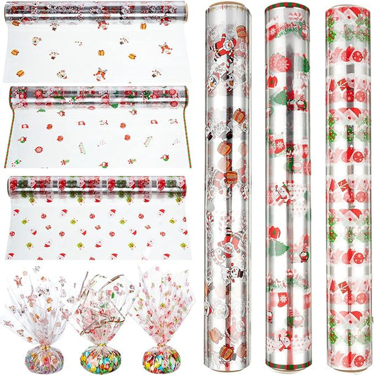 Fainne Total 295 ft 3 Pcs Christmas Cellophane Wrap Roll 15.8 Inch x 98.4 ft, 2.5 Mil Thick Clear Merry Christmas Cellophane for Gift Baskets Flower Food Treats Wrapping Party Decoration