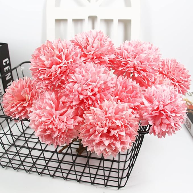 Tinsow 12 Pcs Faux Ball Chrysanthemum Bouquet Pink Artificial Ball Flowers Fake Sring Flowers for Home Garden Party Wedding Decoration (12, Pink)