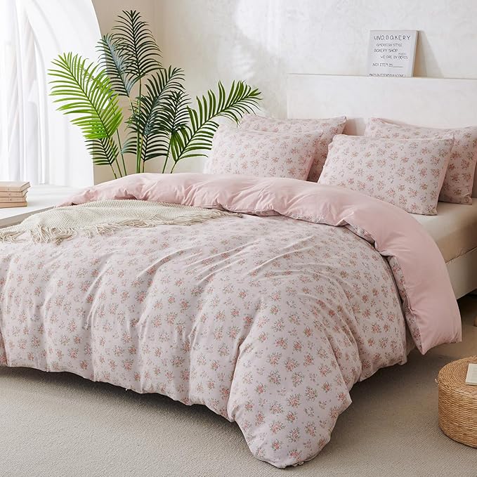 King Size Comforter Set Soft Flower 3 Pieces Chic Crinkle Gauze Fabric Garden Style Floral Print Botanical Comforter for All Seasons Luxury Warmth Comfy Breathable with 2 Pillowcases