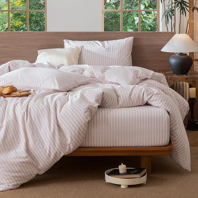 MooMee Striped Duvet Cover Set 100% Washed Cotton Linen Like Textured Breathable Durable Soft Comfy (Heathered Greyish Pink Classic Stripes, Cal King 104"x98")