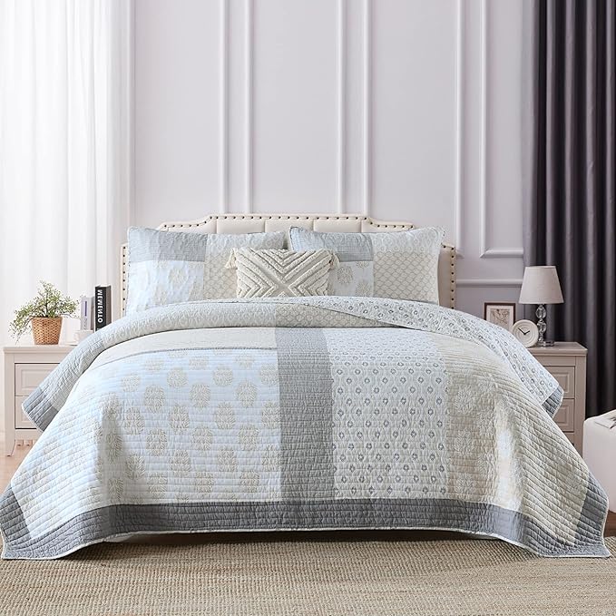 PANGUSHAN Quilt Set King Size, 100% Cotton Bedspread Quilt Bedding Set, Floral Patchwork Quilt Set for King Bed, Moonbeam Bed Spread, Lightweight Comforter Reversible Quilt, All Season, 3 Pieces