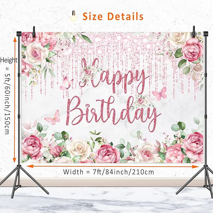 Rose Gold Floral Birthday Backdrop Decorations for Women,Glitters Blush Pink Flower Happy Birthday Backdrops Banner Photography Background for Women Girls Bday Party Photo Booth Supplies 7x5ft