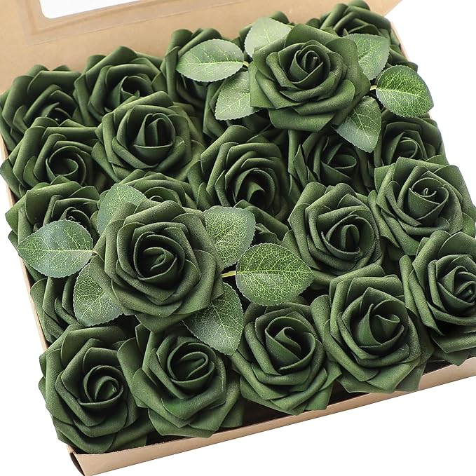Floroom Artificial Flowers 25pcs Real Looking Emerald Green Foam Fake Roses with Stems for DIY Wedding Bouquets Bridal Shower Centerpieces Floral Arrangements Party Tables Home Decorations
