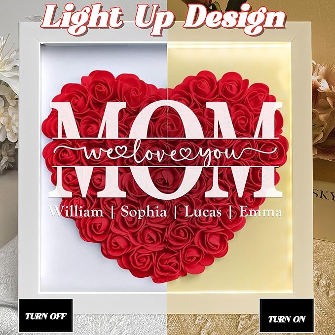 Personalized Mom Flower Shadow Box With LED Light Mom We Love You Flower Shadow Box Light Up Frame With Kid's Name Mothers Day Gifts for MOM Grandma Family Birthday