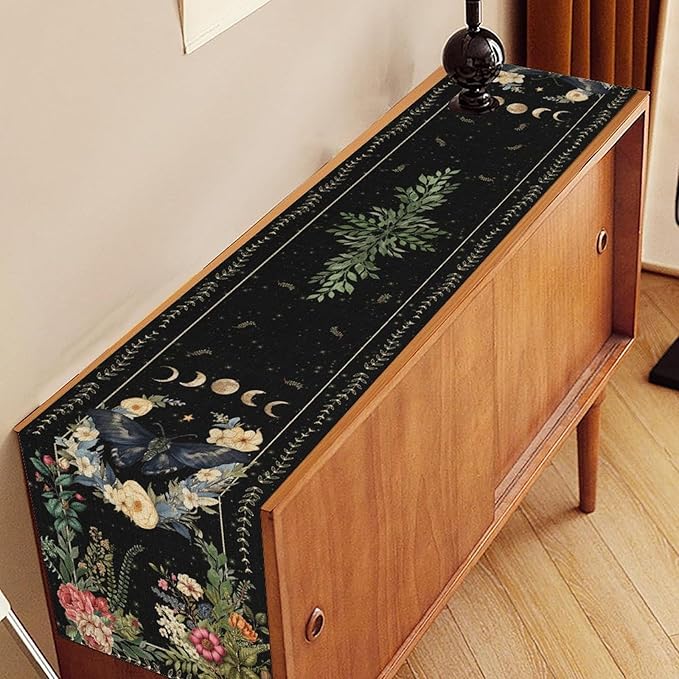 Gothic Moth Table Runner, Boho Vintage Floral Gothic Sun Moon Phase Mystical Witchy Farmhouse Coffee Table Center Decor for Home Kitchen Dining Patio Holiday Party Table Decorations 13x36 inches
