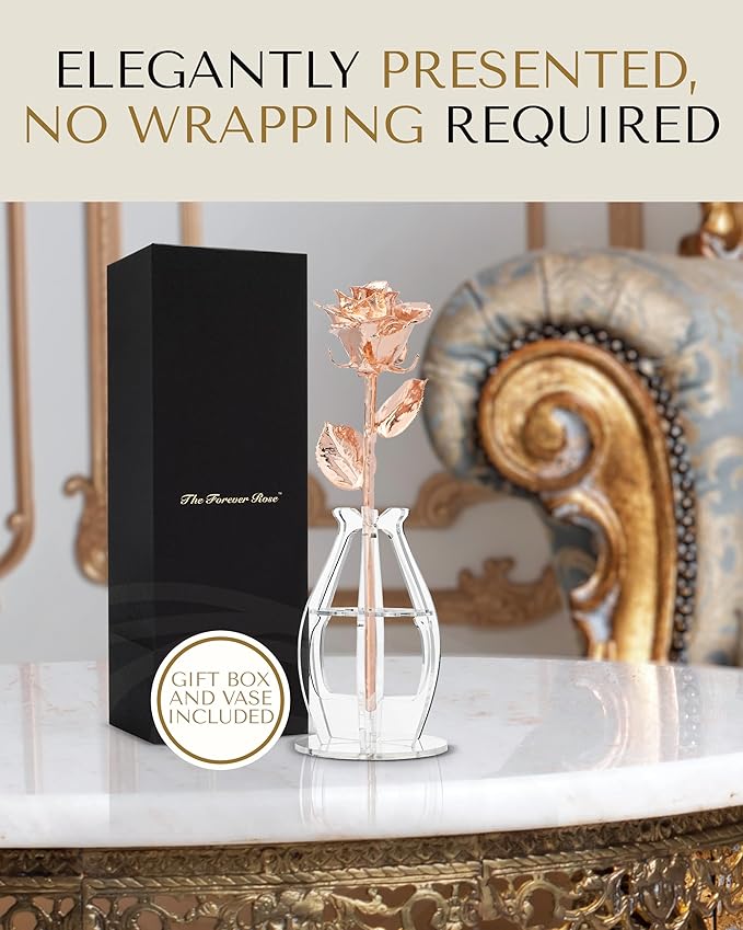 Forever Rose Real Rose Dipped in Rose Gold, Handcrafted Preserved Rose in Bloom Box and Phantom Vase, Romantic Gift for Her, Elegant Keepsake for Anniversary, Birthday, or Any Special Occasion