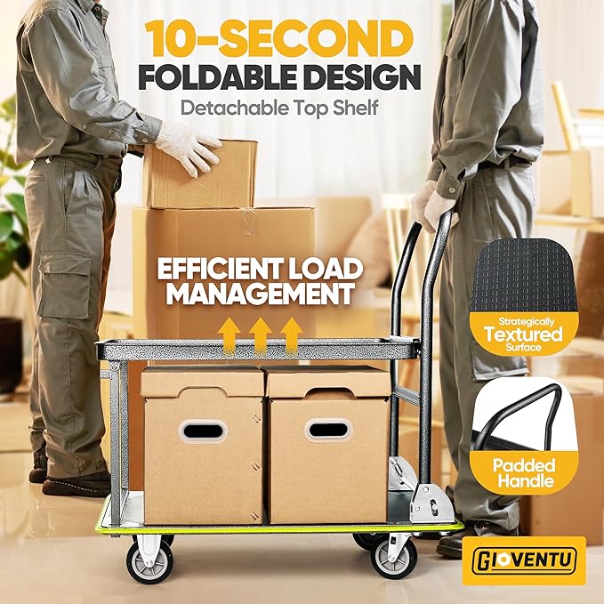 Heavy Duty Push Cart Dolly (700 lbs), Foldable Platform Hand Truck Made with High-Strength Steel, 2 Tier Design, Moving Flatbed Cart with Wheels for Warehouse, Garage, Workshop, Office