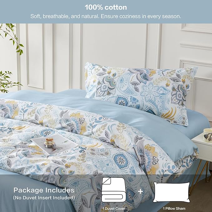 SAPHREAS Blue Floral Duvet Cover Set 2pcs Twin Size Geometric Pattern Botanical Blossom Bedding Comforter Cover Set 100% Cotton 1 Duvet Cover 68"x90" 1 Pillow Sham, Comforter Not Included
