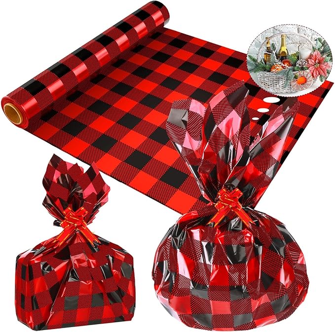 Christmas Cellophane Wrap Roll 100 ft Long 32 Inch Wide 3.1 Mil Thicken Long Film Wrapping Paper Plastic Gift Bags Large Basket Wrap for Xmas Decor Arts Crafts Flower(Black and Red,Plaid)