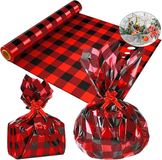 Christmas Cellophane Wrap Roll 100 ft Long 32 Inch Wide 3.1 Mil Thicken Long Film Wrapping Paper Plastic Gift Bags Large Basket Wrap for Xmas Decor Arts Crafts Flower(Black and Red,Plaid)