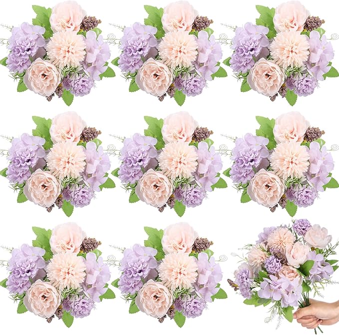 Lyrow 8 Pcs Peony Artificial Flowers Fake Silk Hydrangea Bouquet Elegant Peony Flowers for Wedding Decoration Faux Realistic Floral for Home Party Table Centerpieces Arrangement (Pink,Purple)