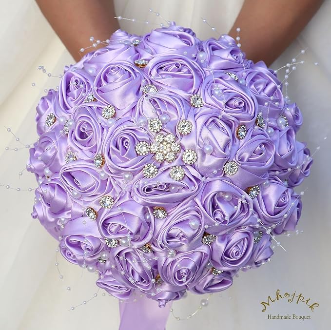 Bridal Wedding Bouquet Round Bling Brooch Bouquet Throw Toss Artificial Rose Flower Bunch for Bride Bridesmaid Wedding Quinceanera(Light Purple, 8.7")
