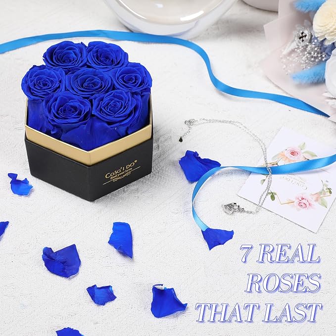 Preserved Roses Flowers for Delivery 7 Pcs, Forever Flores in a Box with Necklace, Eternal Rose Anniversary Birthday Gifts for Women Mom Wife Girlfriend, Rosas for Valentines Christmas, Blue