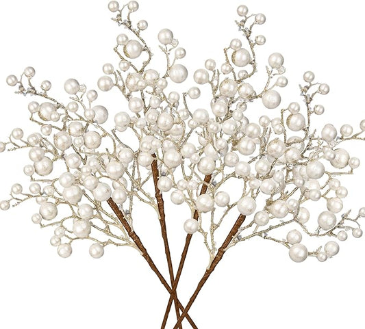 Hollyone 4 Pack Artificial Christmas Glitter Berries Stems, 19 Inch Fake White Holly Berry Picks with Ice Snow for Christmas Tree Wreath Floral Arrangements Holiday Home Vase DIY Crafts Decor